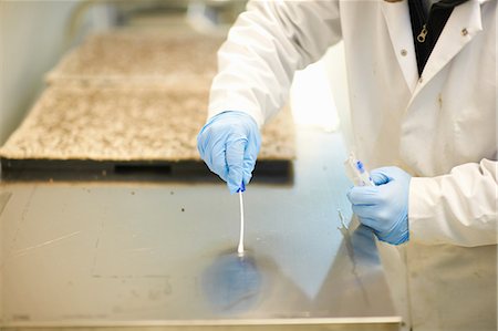 Worker wearing latex gloves swabbing stainless steel counter Foto de stock - Sin royalties Premium, Código: 649-08576790