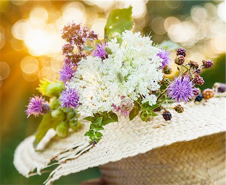 photography smelling fruit - Freshly picked wildflowers with hazelnut and blackberry plants in straw hat Stock Photo - Premium Royalty-Free, Code: 649-08661706