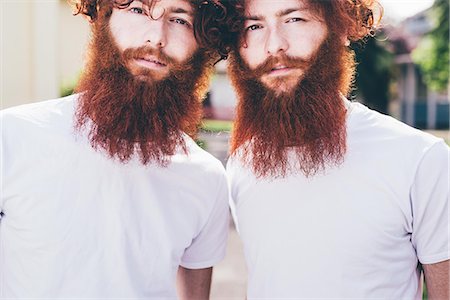 simsearch:649-08702682,k - Portrait of young male hipster twins with red beards wearing white tshirts Stock Photo - Premium Royalty-Free, Code: 649-08702619