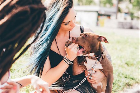 simsearch:649-08060330,k - Young women with dyed blue hair playing with pit bull terrier in urban park Foto de stock - Royalty Free Premium, Número: 649-08703320