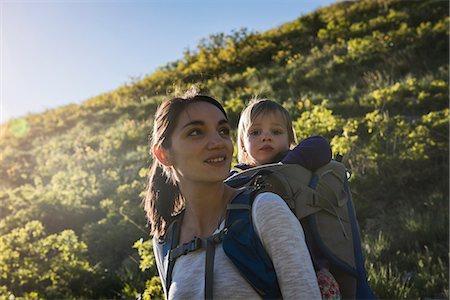 simsearch:649-08714798,k - Mother carrying young daughter on back, hiking the Bonneville Shoreline Trail in the Wasatch Foothills above Salt Lake City, Utah, USA Stock Photo - Premium Royalty-Free, Code: 649-08714804