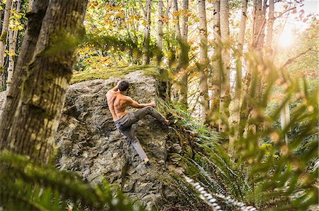 Male boulderer moving up forest boulder, Horne Lake Caves Provincial Park, Vancouver Island, British Columbia, Canada Stockbilder - Premium RF Lizenzfrei, Bildnummer: 649-08860007