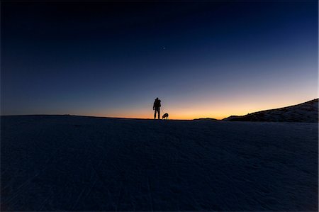 silhouettes man and dog - Silhouetted view of man and dog standing on hill horizon at night Stock Photo - Premium Royalty-Free, Code: 649-08900395