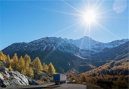 simsearch:614-09135007,k - Truck on mountain road in Swiss Alps, Simply Pass, Valais, Switzerland Stock Photo - Premium Royalty-Free, Code: 649-08924097