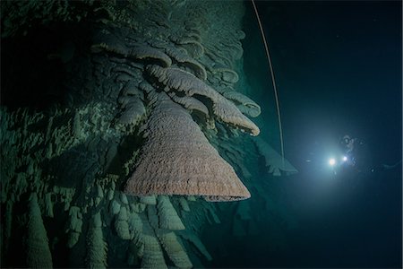 simsearch:649-09208950,k - Scuba diver exploring unique natural formations known as "bells" in submerged caves beneath the jungle Fotografie stock - Premium Royalty-Free, Codice: 649-08922793