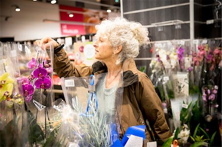 simsearch:400-06461903,k - Mature woman in supermarket, looking at plants and flowers Foto de stock - Royalty Free Premium, Número: 649-08923769