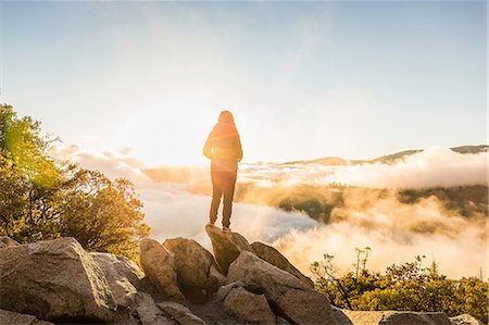 simsearch:649-08950357,k - Rear view of woman looking out over valley mist at sunrise, Yosemite National Park, California, USA Foto de stock - Sin royalties Premium, Código: 649-08950386