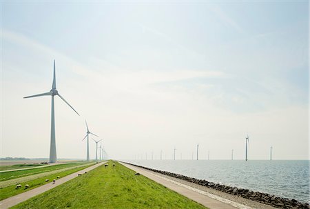 power lines country - On and off shore wind turbines at IJsselmeer lake, Netherlands Stock Photo - Premium Royalty-Free, Code: 649-08969540