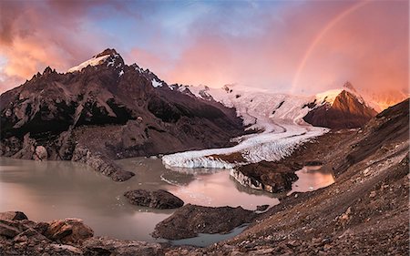Rainbow and dramatic pink sky over Torre glacier and laguna in Los Glaciares National Park, Patagonia, Argentina Stock Photo - Premium Royalty-Free, Code: 649-09016725