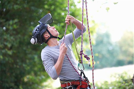 Young male trainee tree surgeon testing climbing ropes Stock Photo - Premium Royalty-Free, Code: 649-09017064