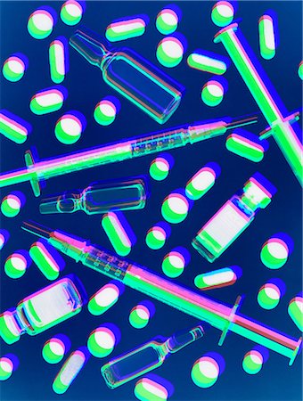 prescription drugs bottles pictures - Multi exposure photogram with variety of medicine and syringes illustrating healthcare Stock Photo - Premium Royalty-Free, Code: 649-09035415