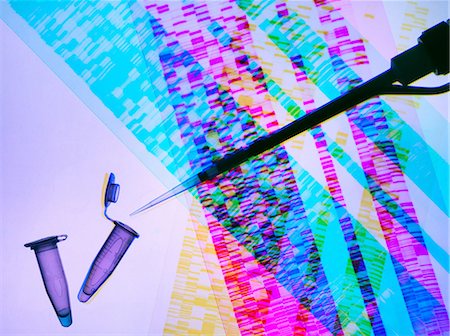 Genetic research, pipette and DNA samples on DNA autoradiogram illustrating research into life sciences and genetic modification Photographie de stock - Premium Libres de Droits, Code: 649-09035416