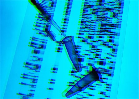 Genetic research, pipette and DNA samples on DNA autoradiogram illustrating research into life sciences and genetic modification Stock Photo - Premium Royalty-Free, Code: 649-09035417