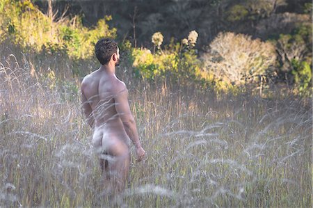 Rear view of nude man standing in long grass looking out, Guaramiranga, Ceara, Brazil Photographie de stock - Premium Libres de Droits, Code: 649-09077924
