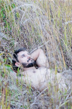 Bare chested man lying in long grass gazing up Photographie de stock - Premium Libres de Droits, Code: 649-09077925