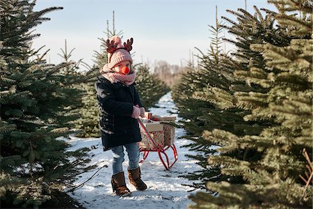 simsearch:649-09035869,k - Girl in christmas tree forest pulling presents on toboggan, portrait Photographie de stock - Premium Libres de Droits, Code: 649-09123788
