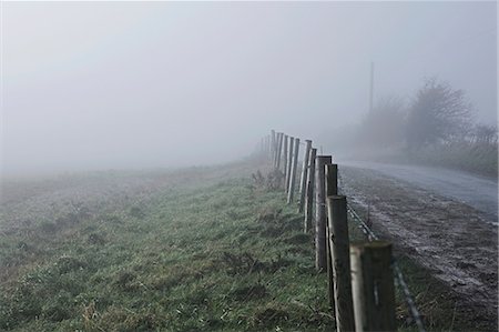 fog fence - Fence along roadside in rural setting, with mist, Houghton-le-Spring, Sunderland, UK Stock Photo - Premium Royalty-Free, Code: 649-09123829