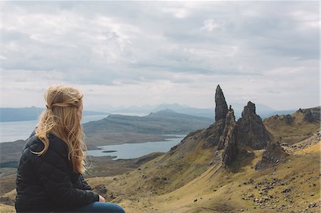 rock formation in scotland - Woman looking away at view of Old Man Storr, Portree, Isle of Skye, Scotland, UK Stock Photo - Premium Royalty-Free, Code: 649-09166568
