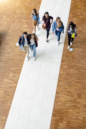 simsearch:649-07064211,k - Male and female university students walking and talking in university lobby, high angle view Fotografie stock - Premium Royalty-Free, Codice: 649-09176696