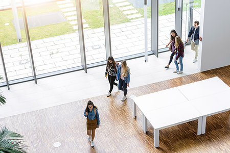 Male and female university students arriving in university lobby, high angle view Photographie de stock - Premium Libres de Droits, Code: 649-09176692