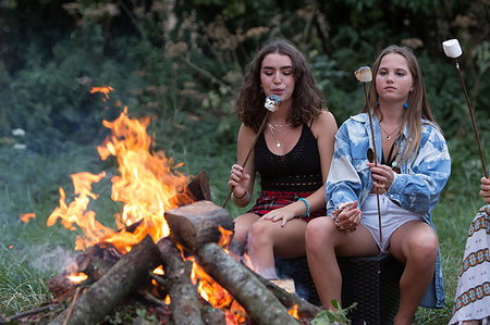 simsearch:614-08119609,k - Friends toasting marshmallows at bonfire party in park Foto de stock - Sin royalties Premium, Código: 649-09196403