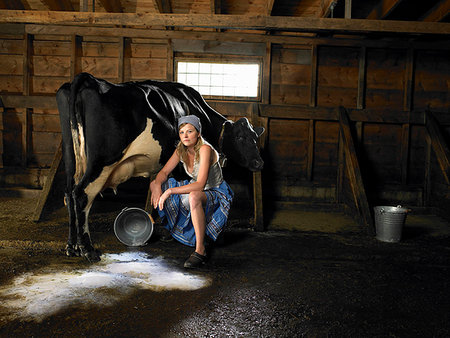 dairy farm milking barn - Milkmaid and cow in barn with spilt milk Stock Photo - Premium Royalty-Free, Code: 649-09205531