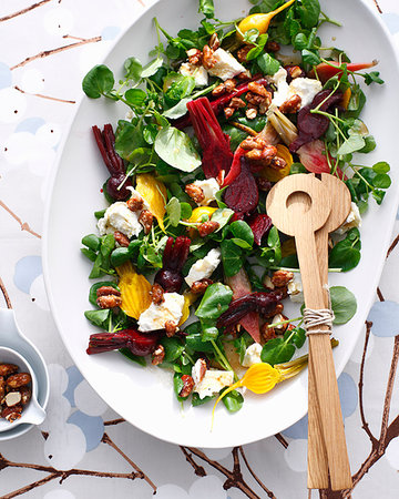 salads on spoons overhead - Bowl of goat cheese and beetroot salad Stock Photo - Premium Royalty-Free, Code: 649-09205995