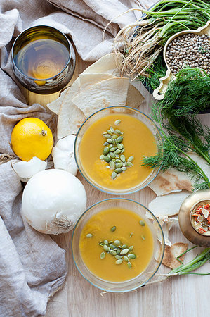 simsearch:649-09003365,k - Pumpkin soup seeds onion and lemon Stock Photo - Premium Royalty-Free, Code: 649-09206335