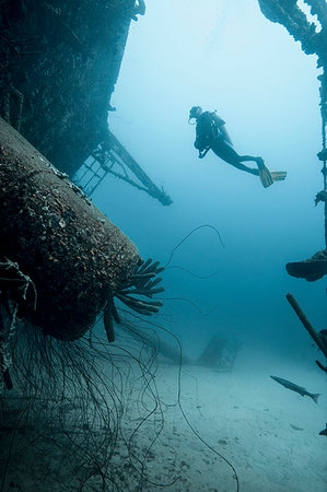 simsearch:649-09208950,k - Diver examining underwater shipwreck Fotografie stock - Premium Royalty-Free, Codice: 649-09206386