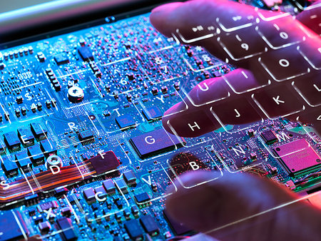 Multiple exposure of a laptop computer showing  a invisible computer hacker working at a keyboard and circuit board below Foto de stock - Sin royalties Premium, Código: 649-09213477