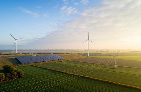 Field landscape with wind turbines and solar farm located on former waste dump, elevated view, Netherlands Stock Photo - Premium Royalty-Free, Code: 649-09230112