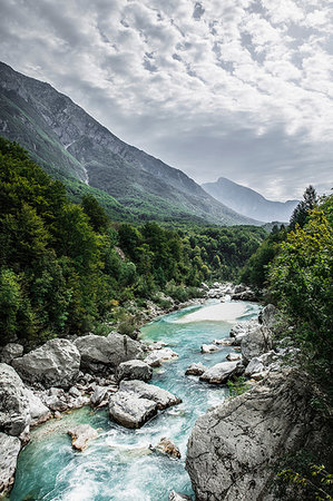 simsearch:649-08950381,k - Mountain river valley landscape, Kobarid, Bohinj Commune, Slovenia Stock Photo - Premium Royalty-Free, Code: 649-09245900
