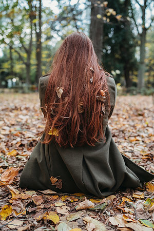 simsearch:649-08702807,k - Young woman sitting on leaves in park with autumn leaves tangled in long red hair, rear view Photographie de stock - Premium Libres de Droits, Code: 649-09257894