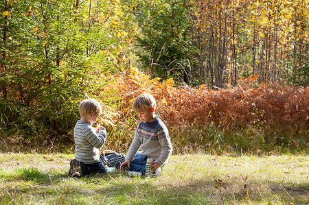 simsearch:649-07596719,k - Brothers having picnic in forest on sunny day Fotografie stock - Premium Royalty-Free, Codice: 649-09277402