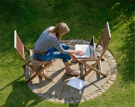 simsearch:649-03362975,k - Woman working on a laptop in the garden Stock Photo - Premium Royalty-Free, Code: 649-02423431