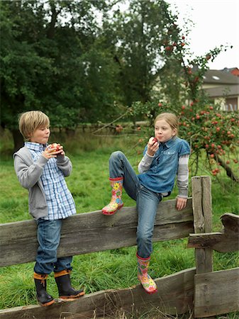 farm house in germany - Girl and boy eating apples on fence Stock Photo - Premium Royalty-Free, Code: 649-03008697