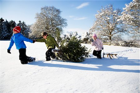 first christmas - Children pulling Christmas tree in snow Stock Photo - Premium Royalty-Free, Code: 649-03417270