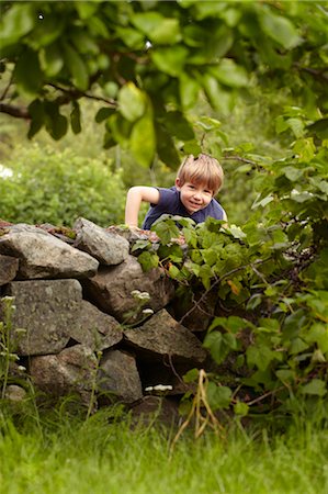 rock climbing kids - Young boy climbing stone wall in orchard Stock Photo - Premium Royalty-Free, Code: 649-03769635