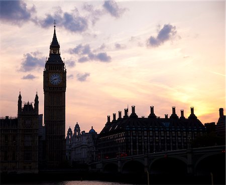 european clock tower on bridge - UK, London, Skyline with Big Ben at dusk Stock Photo - Premium Royalty-Free, Code: 640-05760951