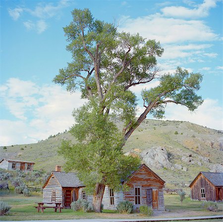 rustic cabin exterior - USA, Montana, Bannack, Landscape with wooden houses Stock Photo - Premium Royalty-Free, Code: 640-05761369