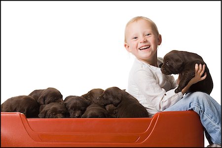 puppy with child white background - child with a puppy Stock Photo - Premium Royalty-Free, Code: 640-06050835