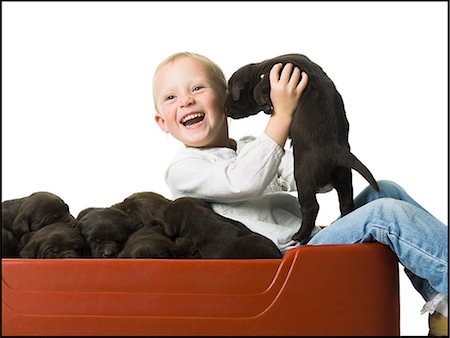 puppy with child white background - child with a puppy Stock Photo - Premium Royalty-Free, Code: 640-06050836
