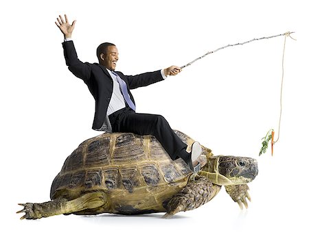 Businessman riding sea turtle with carrot on stick Foto de stock - Royalty Free Premium, Número: 640-01349071