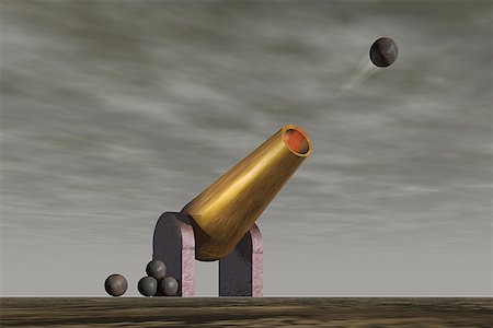 Low angle view of a brass cannon firing cannon balls into a grey sky Stock Photo - Premium Royalty-Free, Code: 640-01349216