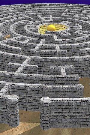 High angle view of a glowing sphere in the center of a maze Stock Photo - Premium Royalty-Free, Code: 640-01355138