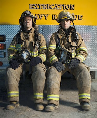 simsearch:640-01358080,k - Portrait of two firefighters sitting Stock Photo - Premium Royalty-Free, Code: 640-01355187