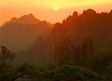 simsearch:640-01361581,k - Tree covered mountains at sunset Fotografie stock - Premium Royalty-Free, Codice: 640-01359076