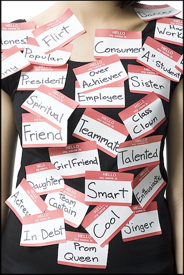 Mid section view of a woman wearing name tags Stock Photo - Premium Royalty-Free, Image code: 640-01352195