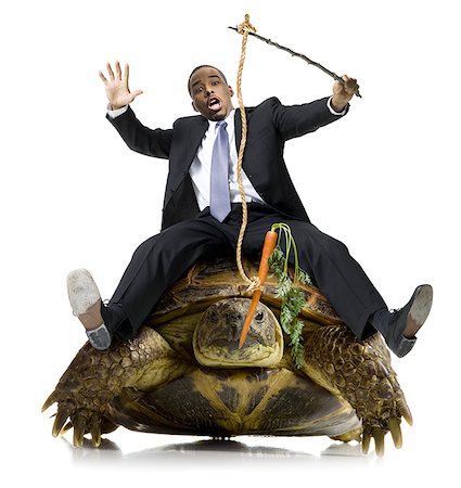 funny faces african american - Businessman riding sea turtle with carrot on stick Stock Photo - Premium Royalty-Free, Code: 640-01353792