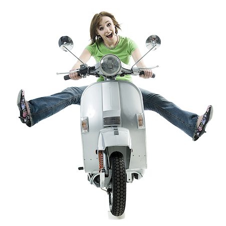 person on bike white background - Portrait of a teenage girl sitting on a scooter Stock Photo - Premium Royalty-Free, Code: 640-01365150